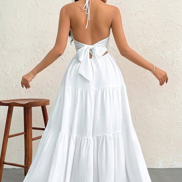 White Sexy Women's Crepe Halter Neck Tie Backless Maxi Dress - Picture 2 of 6